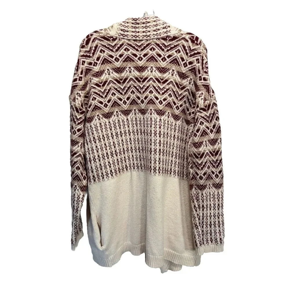 Gilded Intent Open Cardigan Aztec Burgundy/Cream Long Sleeve Size L Knit Pockets